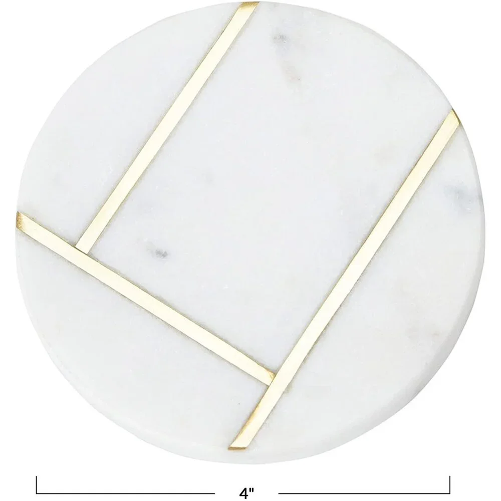 Creative Co-Op Round Marble Coasters with Brass Inlay, White, Set of 4/NWT